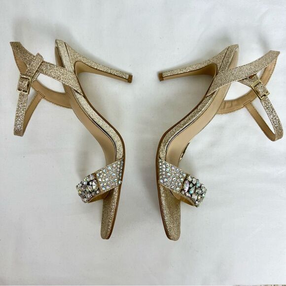 BADGLEY MISCHKA JEWEL Rhinestone Gold Sparkle 3in Heels Sandals Ankle Strap 5.5 - Picture 6 of 8